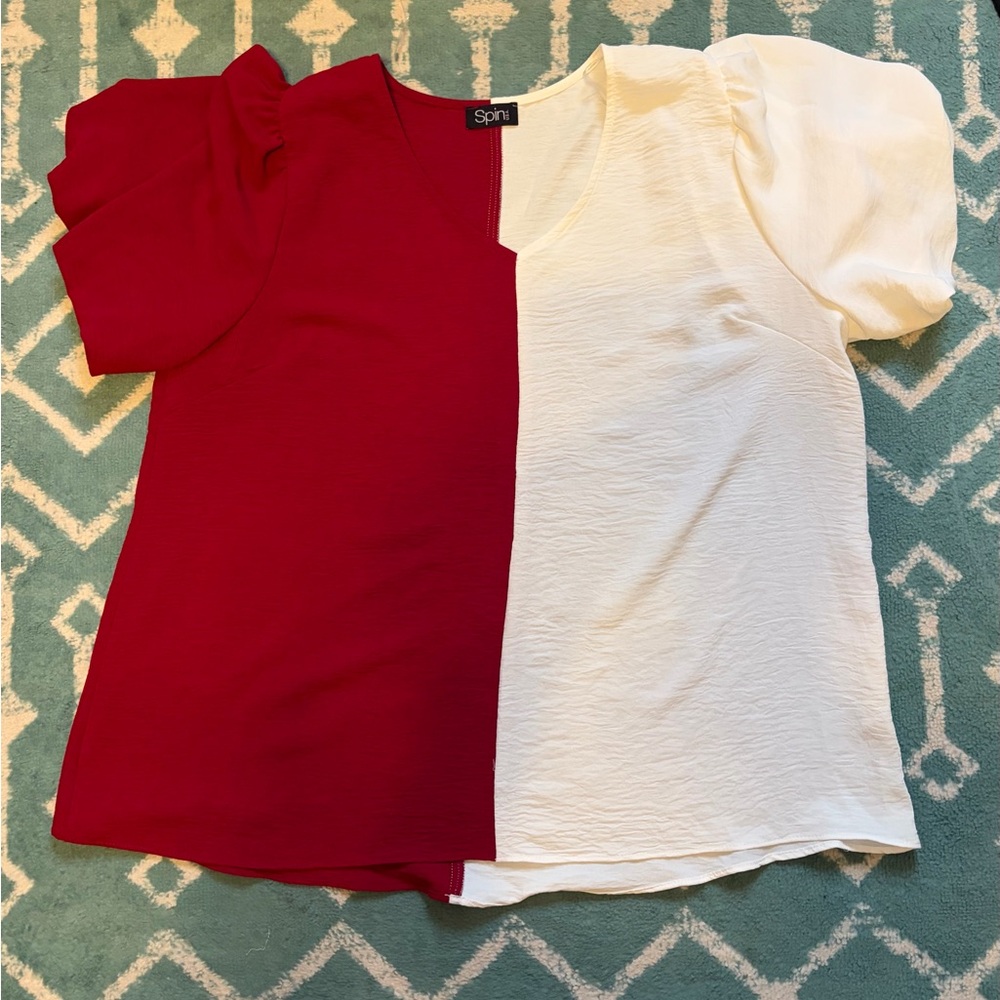 2x Split Red and White Puff Sleeve Boutique Blouse